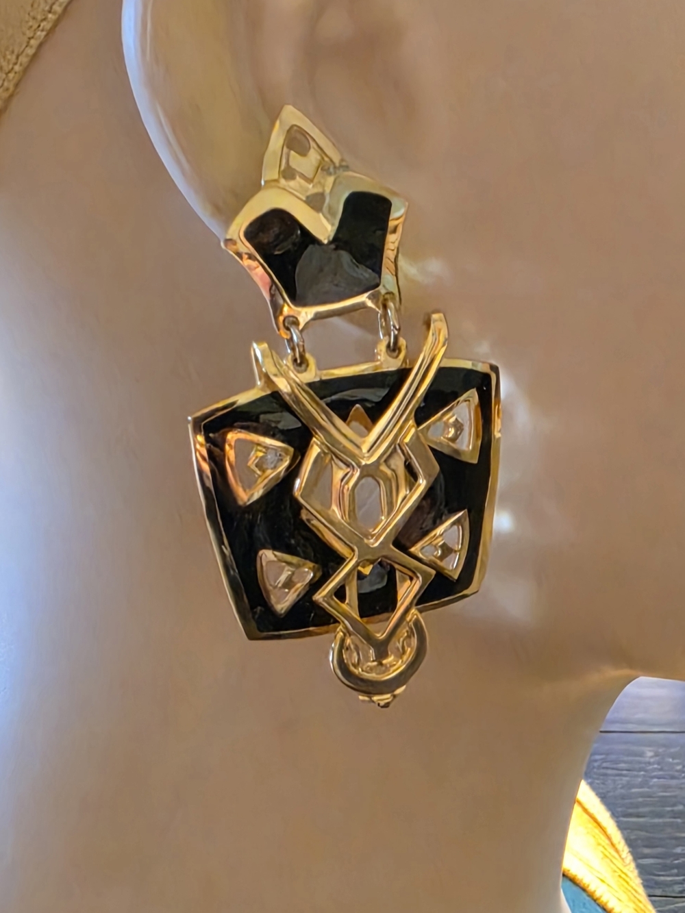 Berebi Vintage Gold and Black Geometric Drop Earrings - Picture 2 of 6